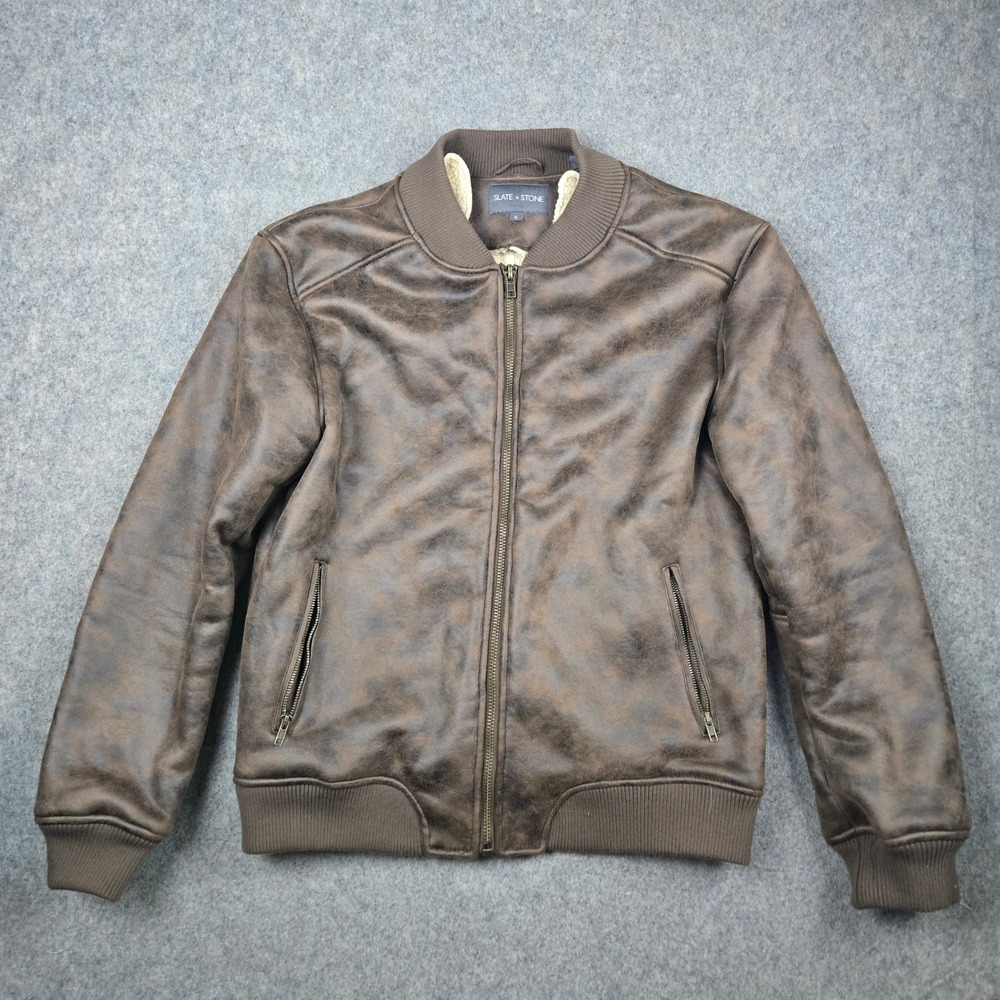 Slate & Stone Bomber Jacket Mens XL Brown Faux Leather Sherpa Lined Aviator Moto